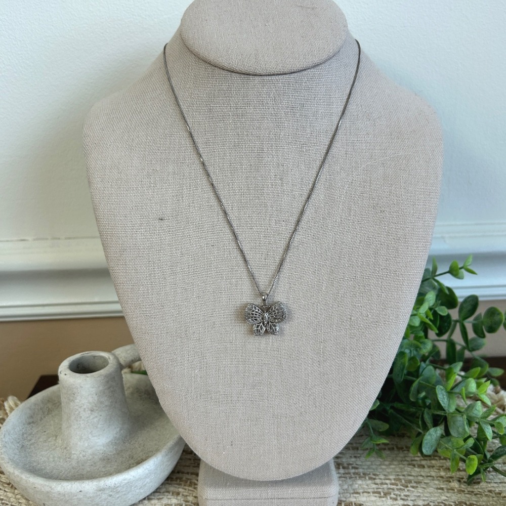 Silver 925 Filigree Butterfly Pendant Necklace Pave Crystal Box Chain 18 Inch